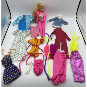 Barbie Doll & Lot of 13 Vintage Barbie Clothing Outfits Dresses Skirt Pants